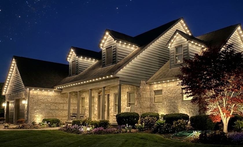 Home at night with warm permanent roofline lighting